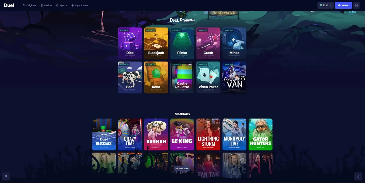 The Duel.com homepage showing the Duel Originals game grid — Dice, Blackjack, Plinko, Crash and Mines — above the live casino lobby.